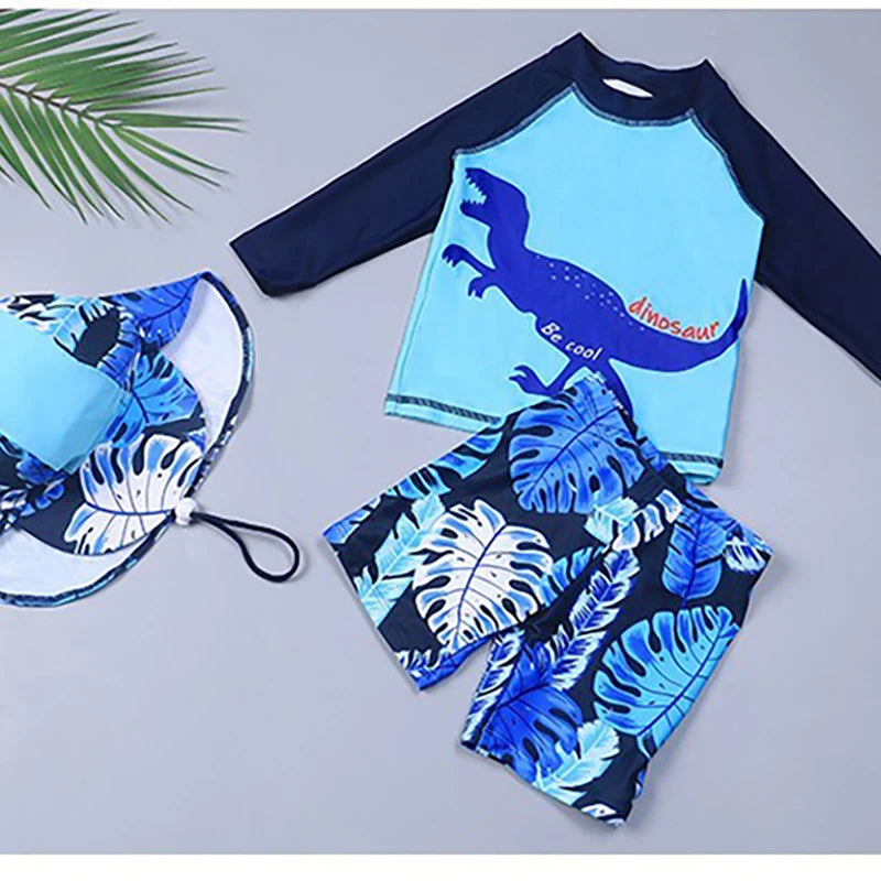 Beach Camp 3PCS Boys Split Swimsuit Sunscreen Prevention UPF 50+ Quick Dry Dinosaur Print Trunk Long Sleeve Rashguard Swimwear Sun Hat Set