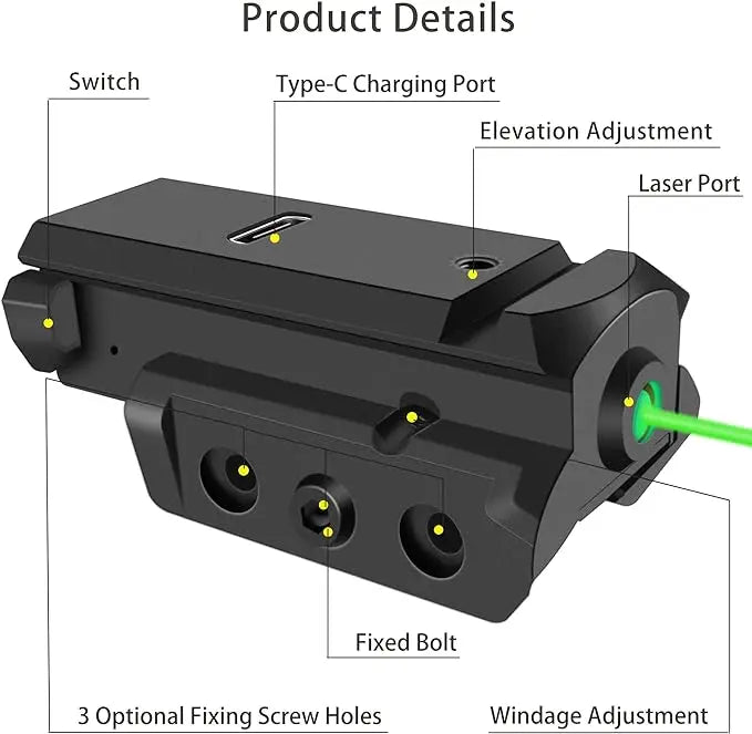 Beach Camp Blue Laser Sight fit for Picatinny Weaver Rail for Pistol Glock USB Type-C Charging Red Green Laser Sight