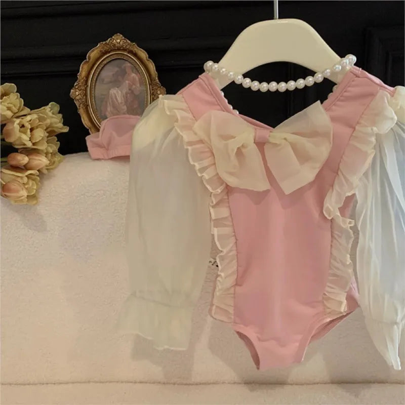 Beach Camp Baby Girl Swimsuit Infant Toddler Child Swimwear Cap 2PCS Puff Sleeve Swimsuit Bow Gauze Bathing Suit Baby Clothes 1-10Y