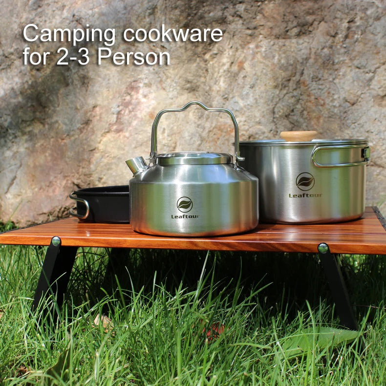 Beach Camp Stainless Steel Camping Cookware Set Kettle Pot Pan - Outdoor Cooking Essentials for 2-3 People