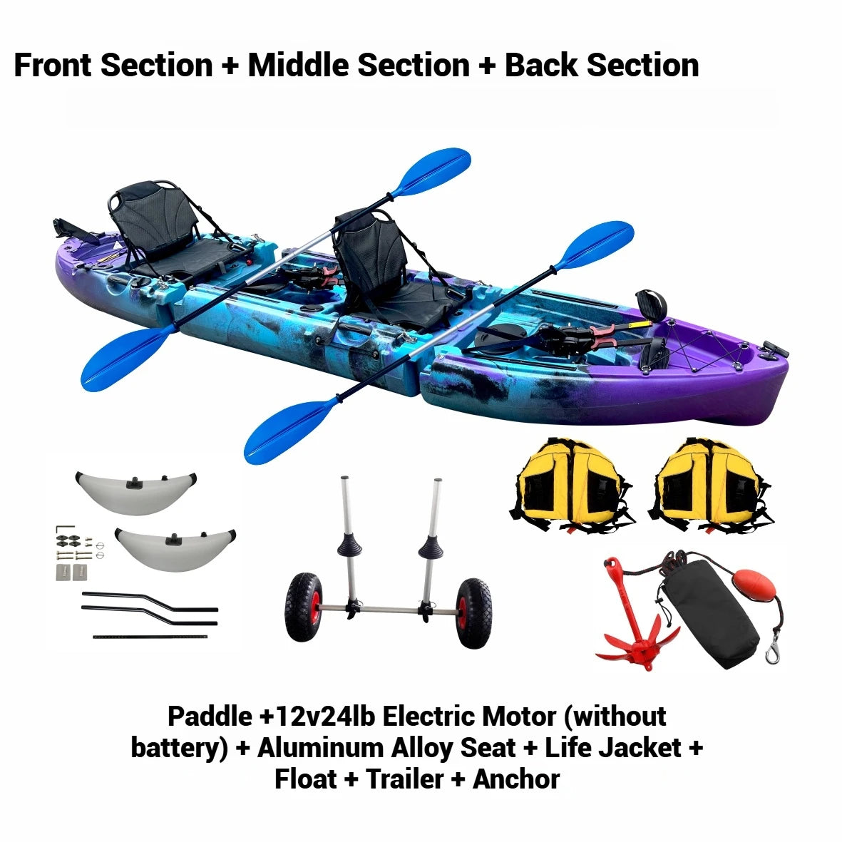 Beach Camp Portable LLDPE Kayak with Split Hard Shell, Electric/Pedal-Driven Canoe for Solo/Tandem Lake/Sea Adventures, Modular Assembly