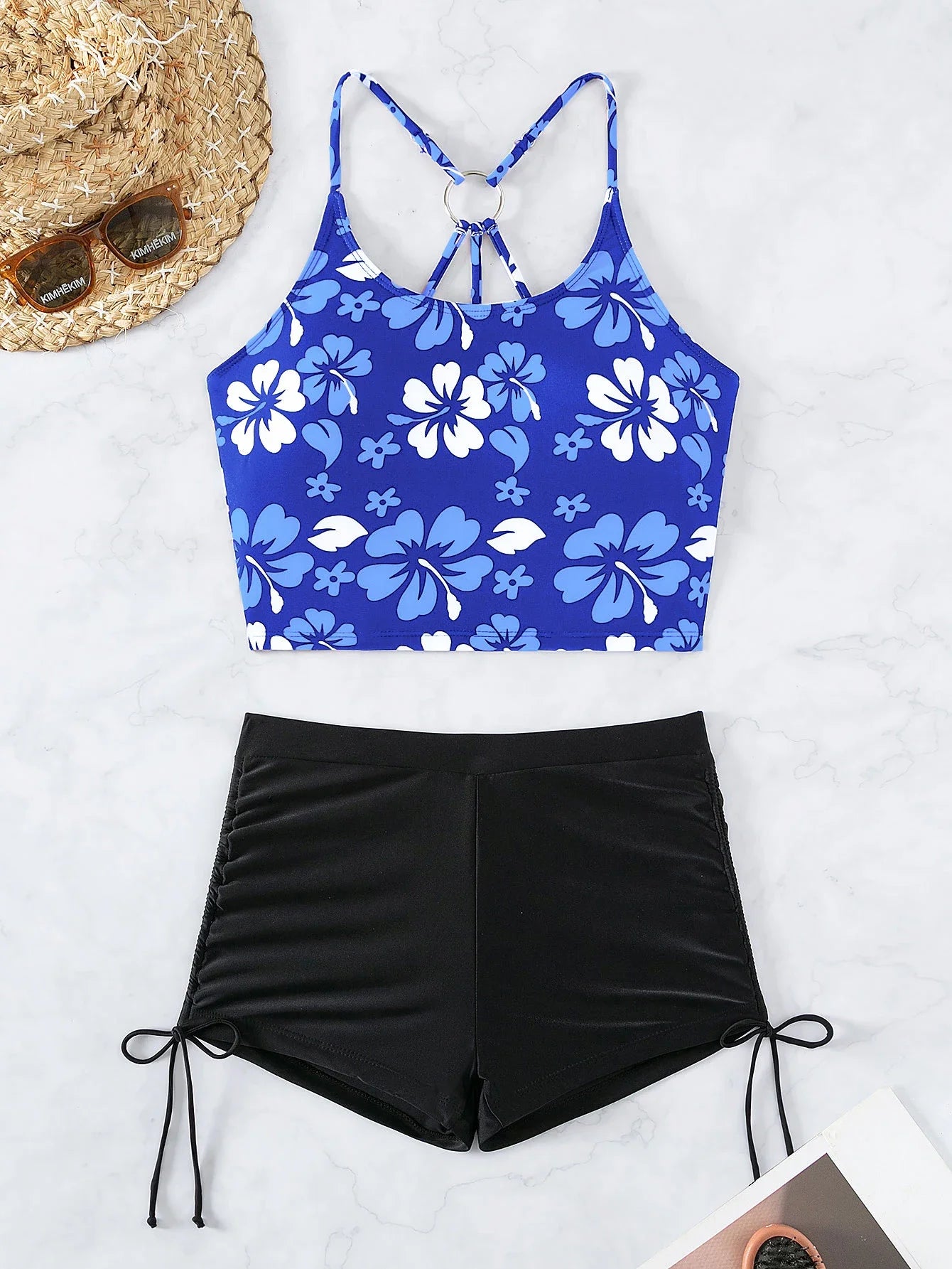 Beach Camp Printed Flower Tankini Set Girl Swimwear Adjustable Strap Vest Bra Female Flower Shorts Bikini Drawstring Women Beach Set