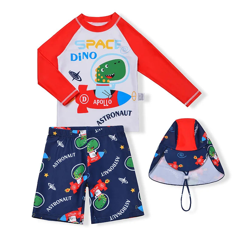 Beach Camp 3 Pcs Boy Swimsuit Sun Protection UPF 50+ Long Sleeve Swimming Sunsuit With Hat Split Cartoon Dinosaur Bathing Suits Children