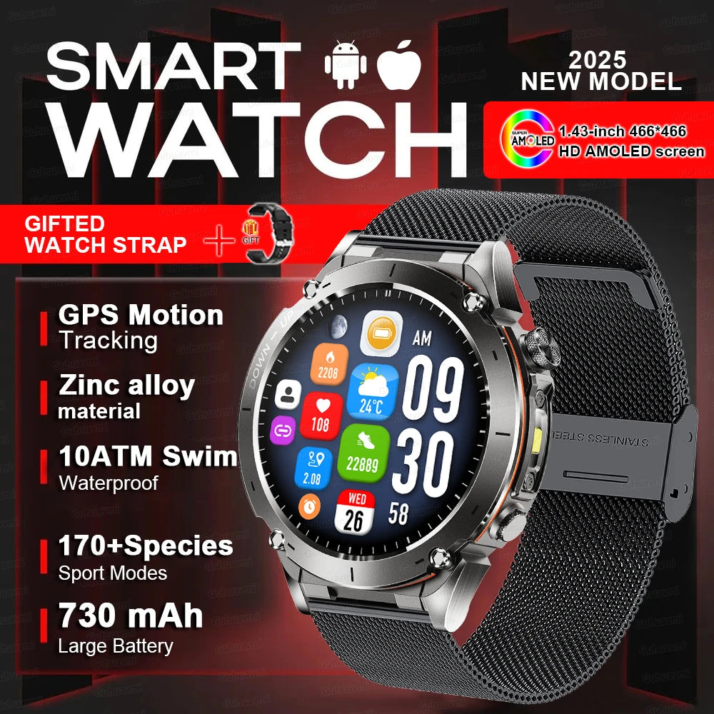 Beach Camp New GPS Smart Watch 1.43" Ultra HD Display Built-in GPS Compass 170 Sports Modes Voice Calling 10ATM Waterproof Smart Braceletes