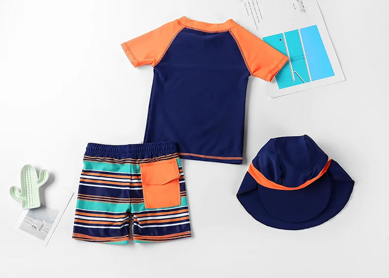 Beach Camp 2025 Summer Split Swimsuit Set Baby Boys Girls Long Sleeves/Short Sleeves Bathing Suit+Swim Shorts+Swimming Cap Three-piece Set