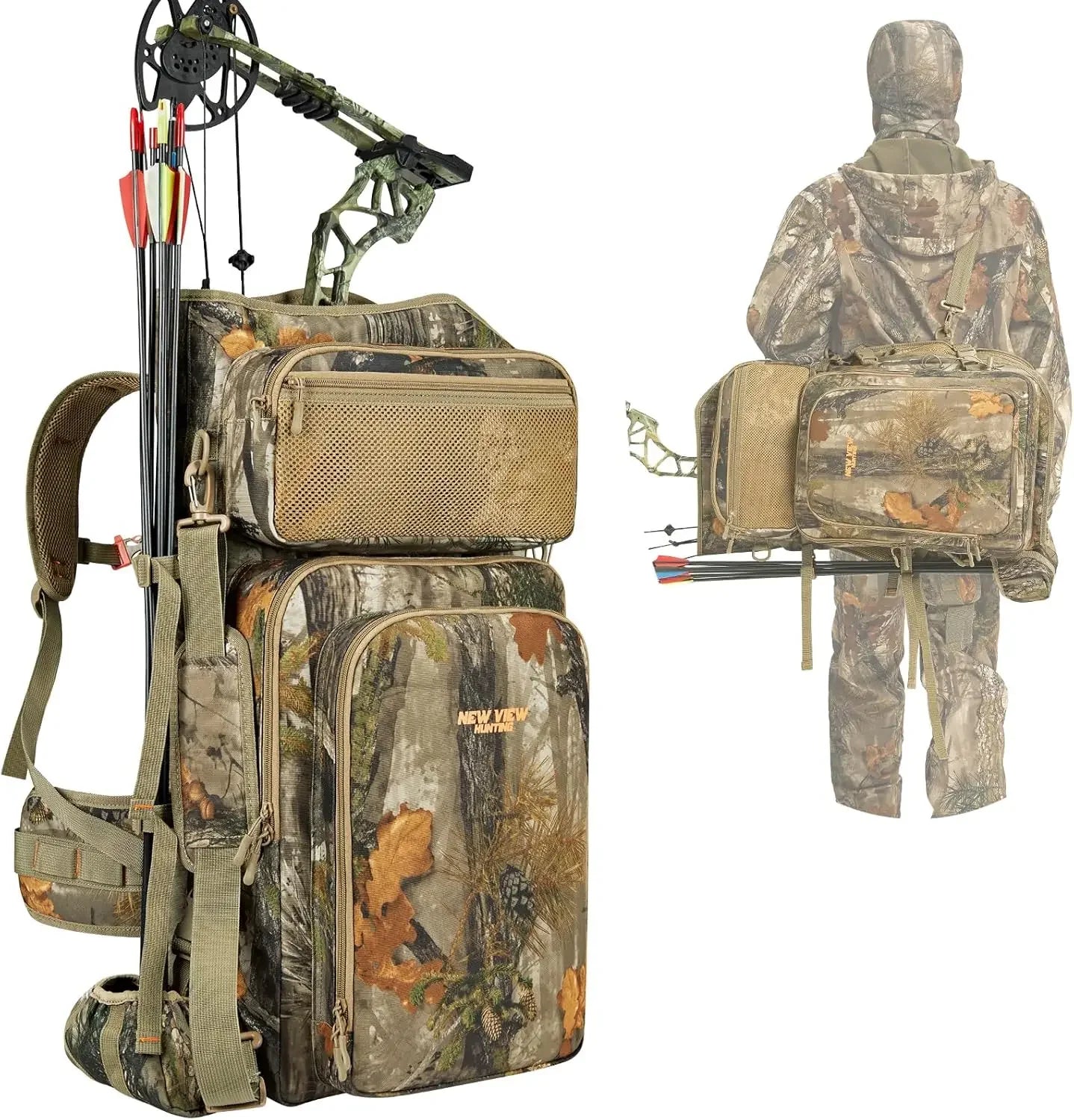 Beach Camp Bow Hunting Backpack for Men, Camo Compound Bag & Tree Saddle Back Pack with Bow Holder, for Elk Turkey Bear Deer