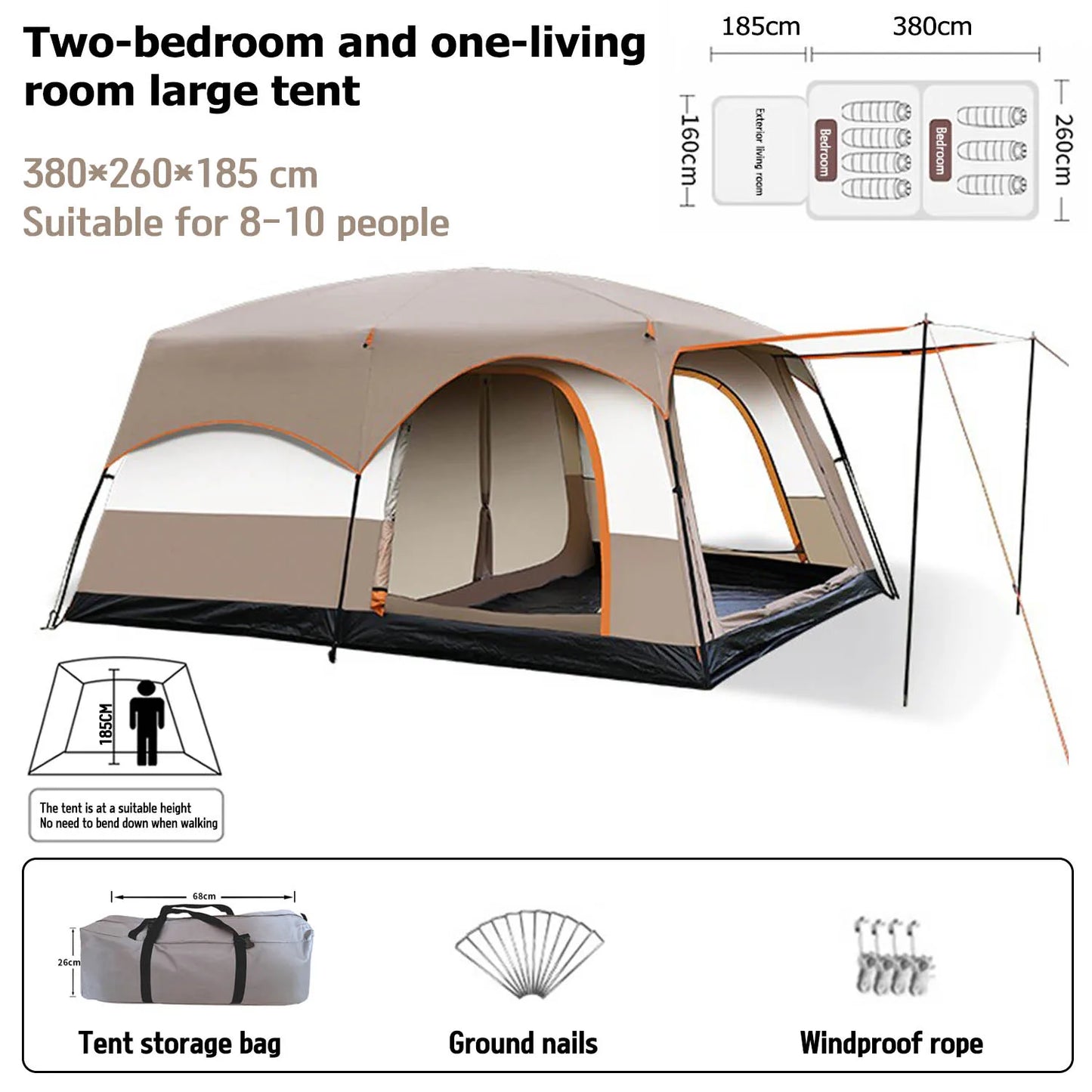 Beach Camp Outdoor Camping Family Tent, Thick Waterproof Family Camping Tour Equipment, Double Layer for 3-12 Persons, Oversized 2 Rooms
