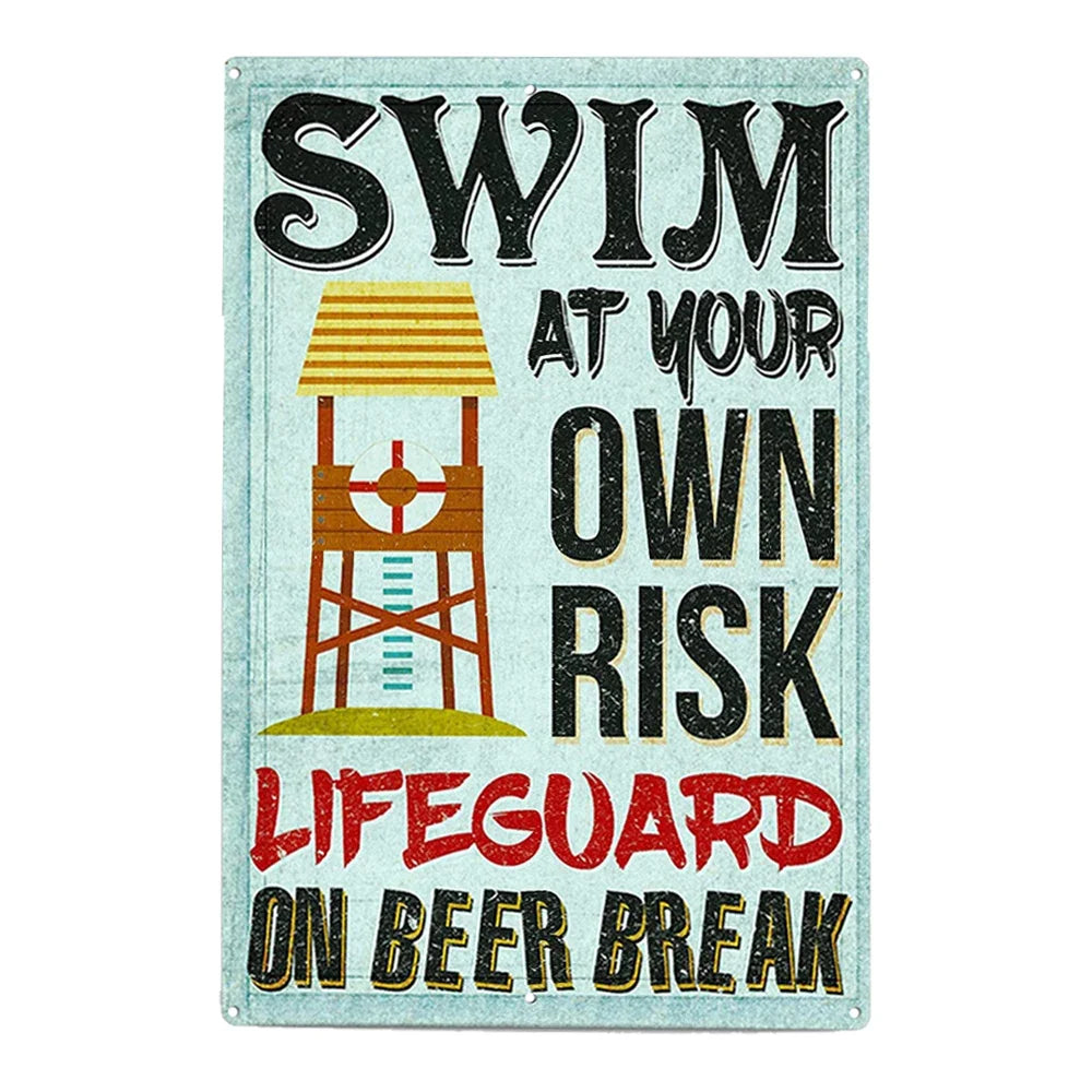 Beach camp Pool Rules Sign for Outdoor, Backyard Metal Swimming Pool Sign, No Diving No Running No Peeing No Lifeguard on Duty Sign