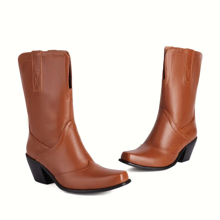 Botas De Mujer Western Cowboy Boots Retro Black Mid Calf Boots for Women Thick High Heels Goth Shoes Big Size 34-48 777-11