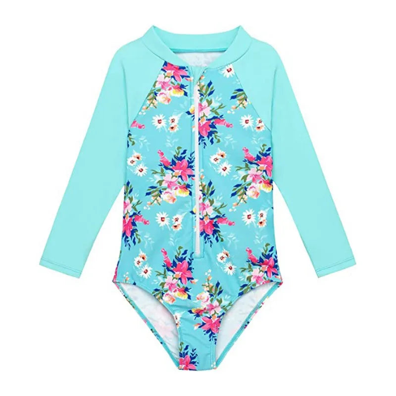 Beach Camp New Children Swimsuits Girls Fashion Designed Long Sleeve One-Piece Swimwear Toddler Kids Sun Protection Bathing Suits Beachwear