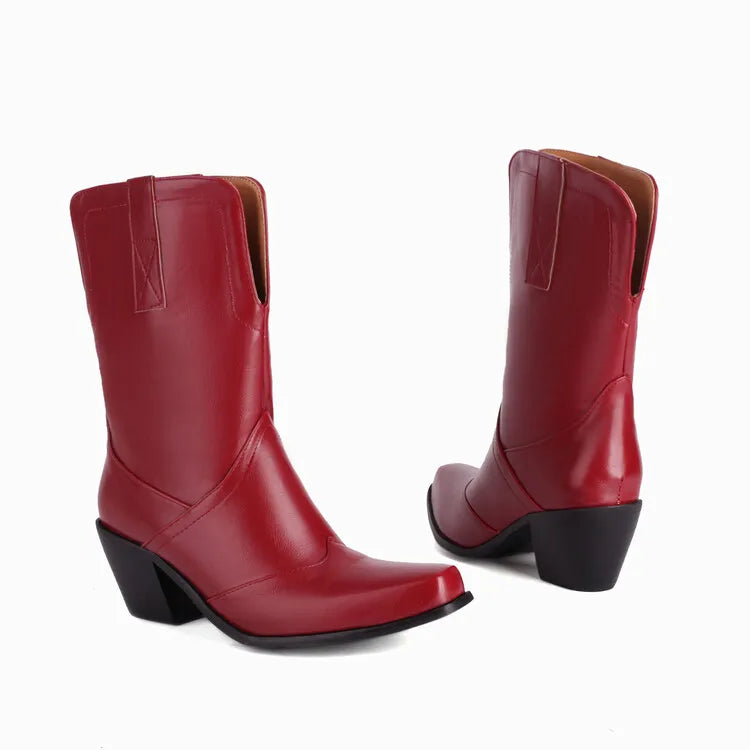 Botas De Mujer Western Cowboy Boots Retro Black Mid Calf Boots for Women Thick High Heels Goth Shoes Big Size 34-48 777-11