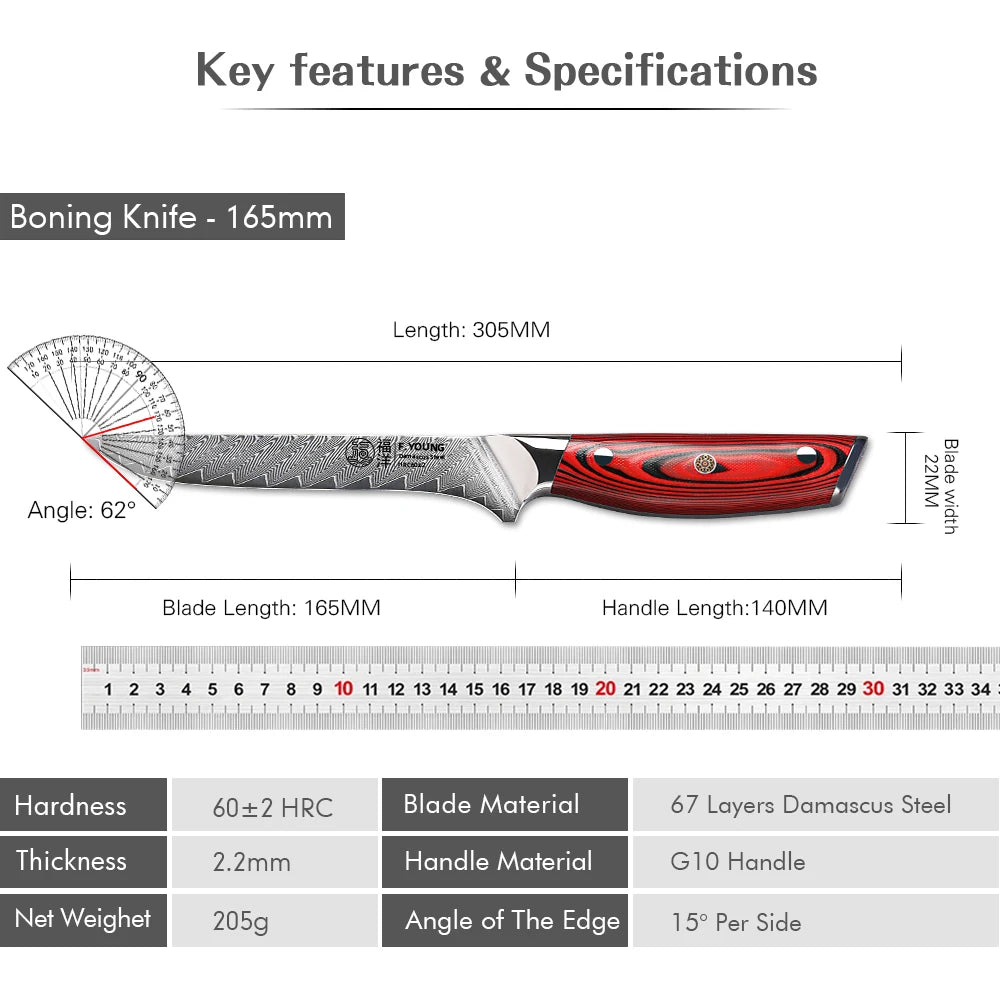 Beach Camp 6.5" Damascus Steel Boning Knife Butcher Cleaver Utility Fish Slicer Ham Chef Cooking Tools G10 Handle Kitchen Knives