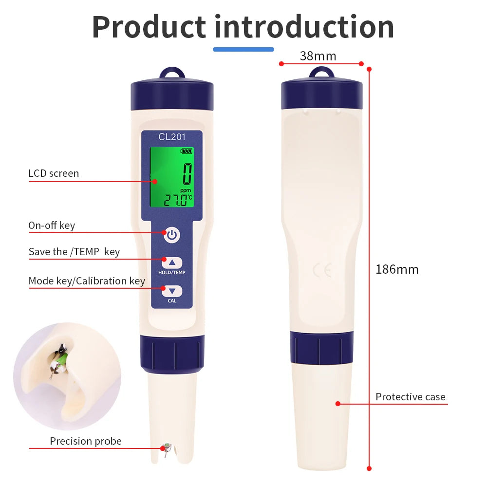 Beach Camp 5 in 1 Chlorine Meter PH/CL2/H2/ORP/Temperature Meter Water Quality Tester for Pools Drinking Water Aquarium Aquaculture