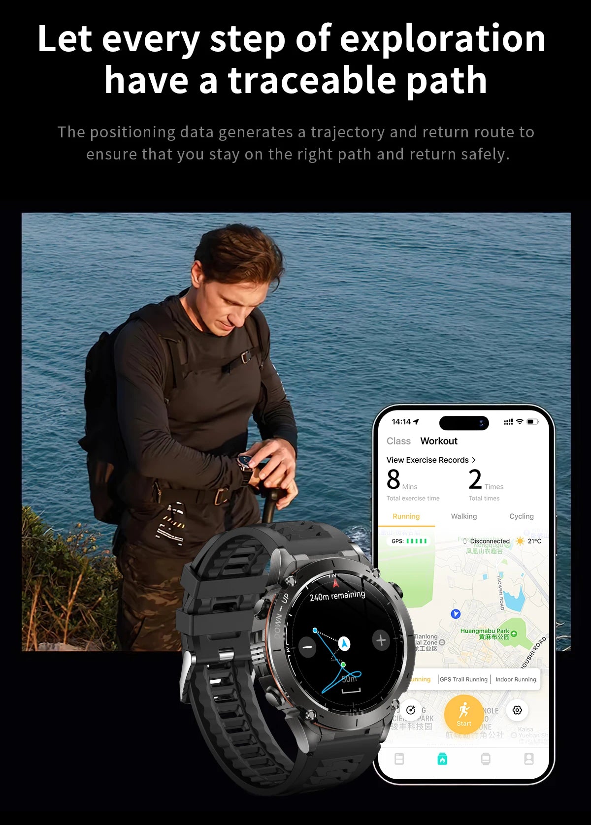 Beach Camp New GPS Smart Watch 1.43" Ultra HD Display Built-in GPS Compass 170 Sports Modes Voice Calling 10ATM Waterproof Smart Braceletes