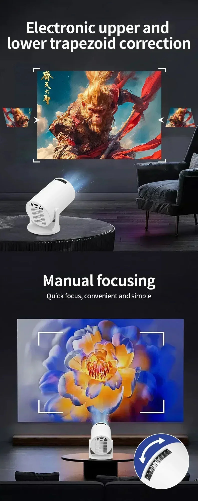 Beach Camp Outdoor Movie Projector 1080P LED, 270° Adjustable Angle, Support USB/TV Box/Phone/PC for Camping