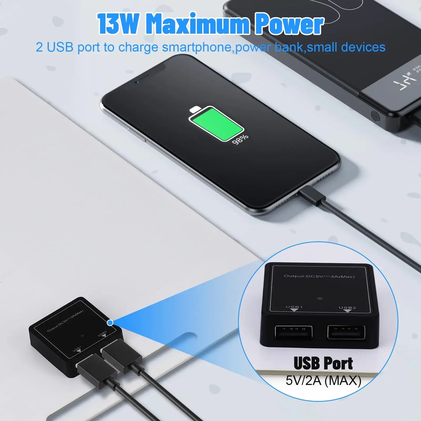 Beach Camp Portable solar power bank with two USB ports, suitable for outdoor camping, charging mobile phones or other electronic devices.