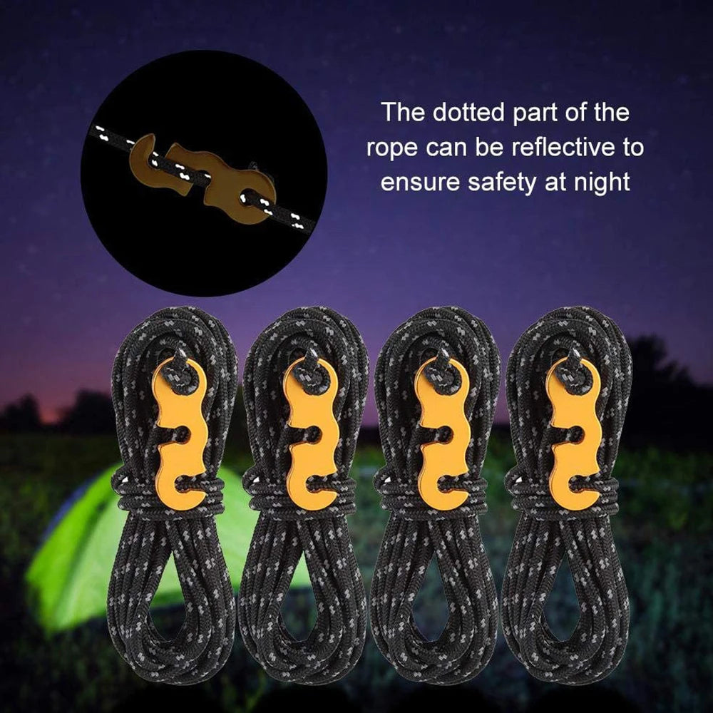 4Pcs Outdoor Guy Lines Tent Cords Reflective Camping Rope with Aluminum Guylines Adjuster Tensioner Pouch for Tent Tarp Canopy