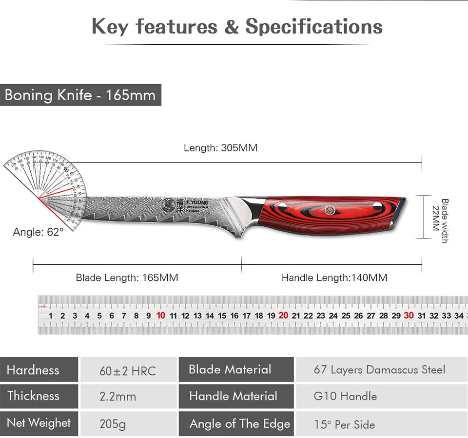 Beach Camp 6.5" Damascus Steel Boning Knife Butcher Cleaver Utility Fish Slicer Ham Chef Cooking Tools G10 Handle Kitchen Knives