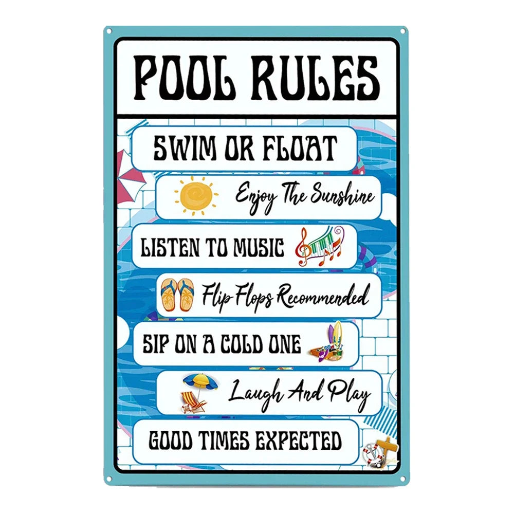 Beach camp Pool Rules Sign for Outdoor, Backyard Metal Swimming Pool Sign, No Diving No Running No Peeing No Lifeguard on Duty Sign
