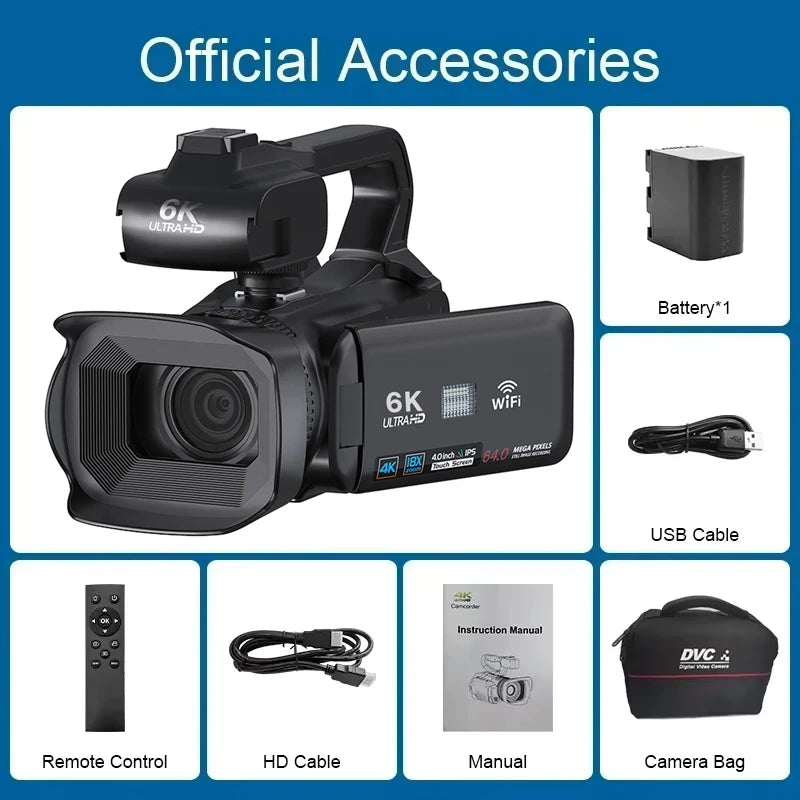 Beach Camp 6K 60FPS Professional Camcorder for Photography 64MP WiFi Livestream Webcam Video Cameras 18X Digital Zoom YouTube Vlog Recorder