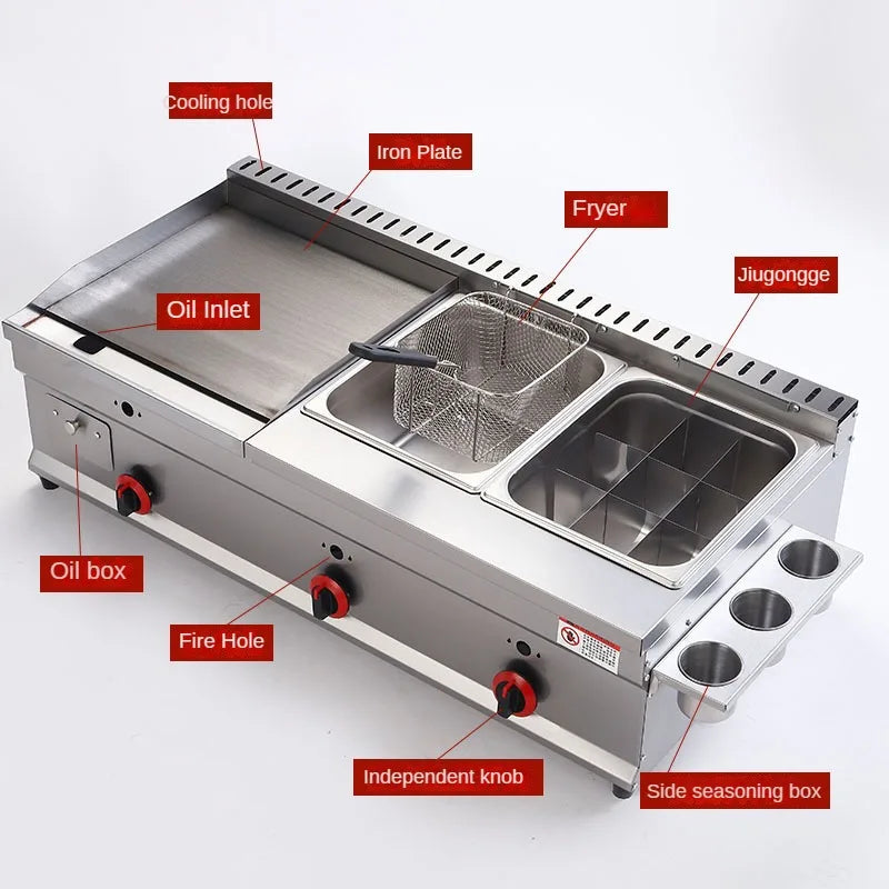 Commercial gas furnace, Combination machine for grilling and frying, Setting up a stall Snack sales for pancake Braised Squid
