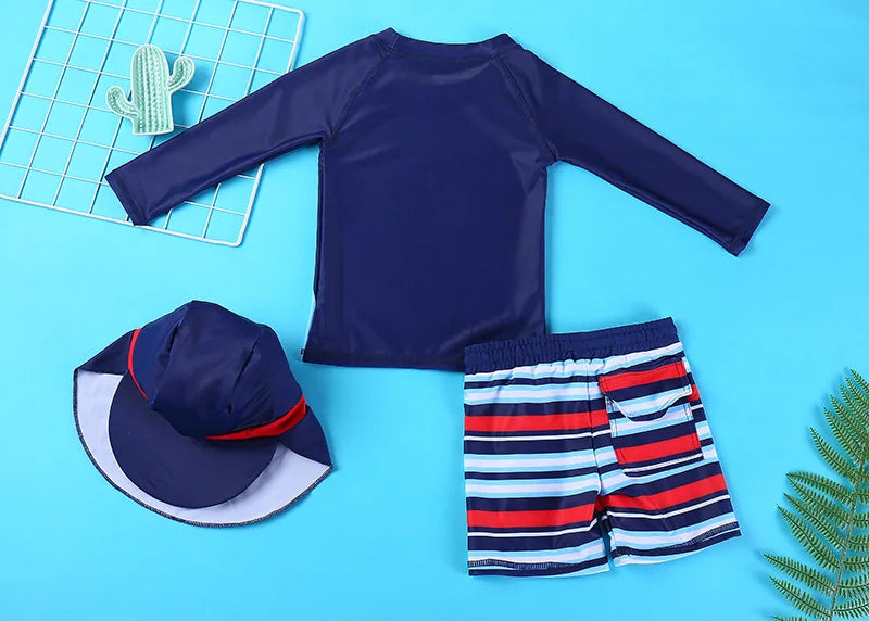 Beach Camp 2025 Summer Split Swimsuit Set Baby Boys Girls Long Sleeves/Short Sleeves Bathing Suit+Swim Shorts+Swimming Cap Three-piece Set