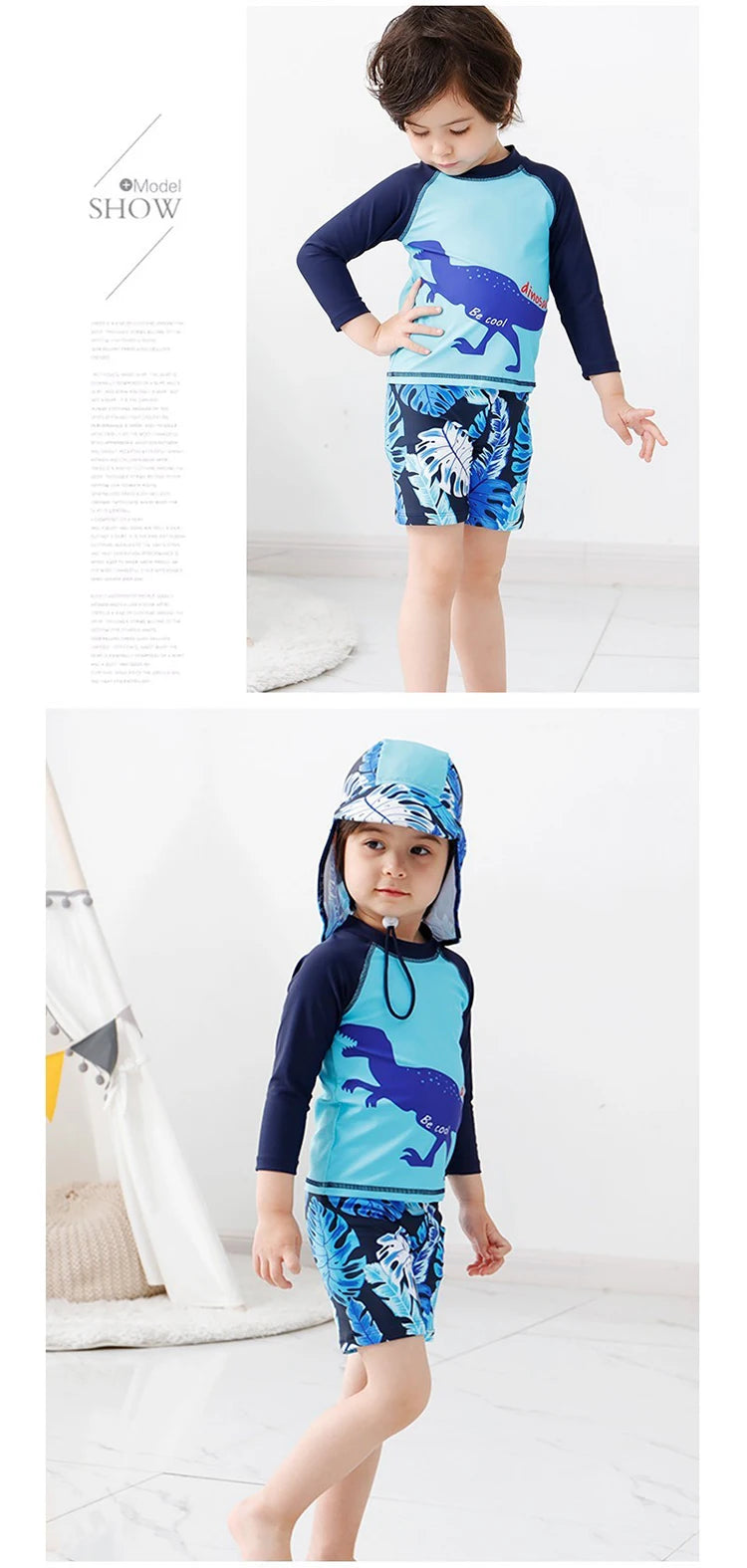 Beach Camp 3PCS Boys Split Swimsuit Sunscreen Prevention UPF 50+ Quick Dry Dinosaur Print Trunk Long Sleeve Rashguard Swimwear Sun Hat Set