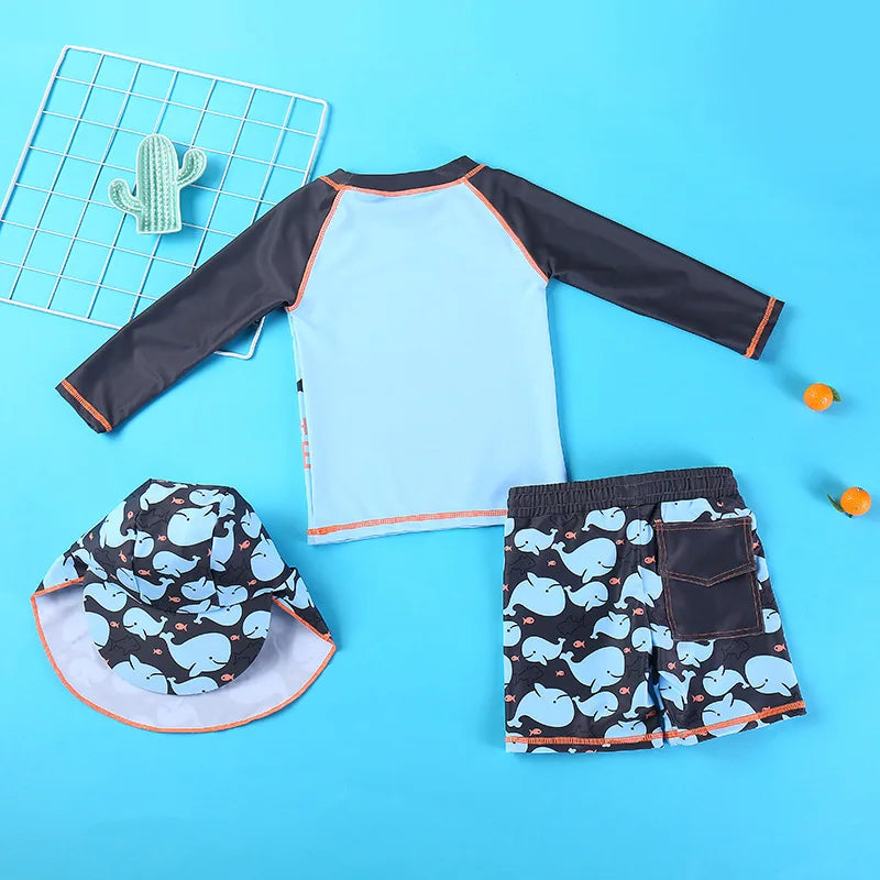 Beach Camp 2025 Summer Split Swimsuit Set Baby Boys Girls Long Sleeves/Short Sleeves Bathing Suit+Swim Shorts+Swimming Cap Three-piece Set