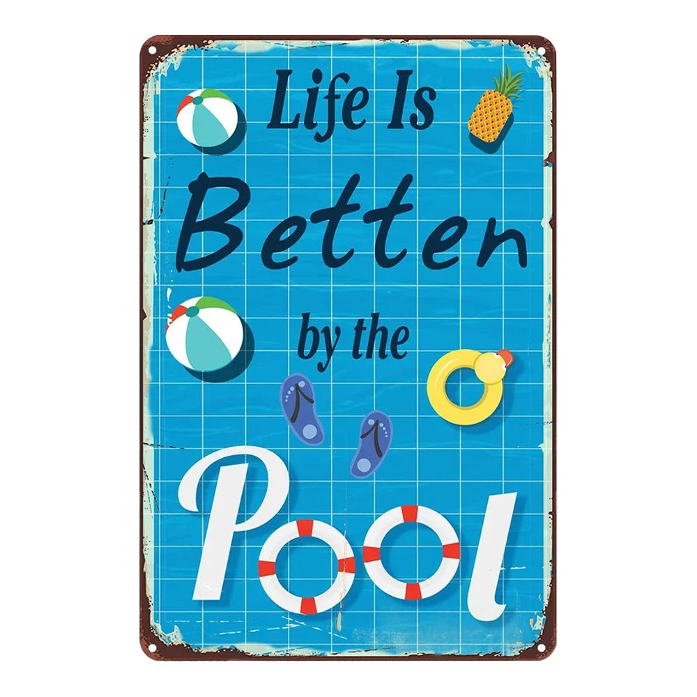 Beach camp Pool Rules Sign for Outdoor, Backyard Metal Swimming Pool Sign, No Diving No Running No Peeing No Lifeguard on Duty Sign