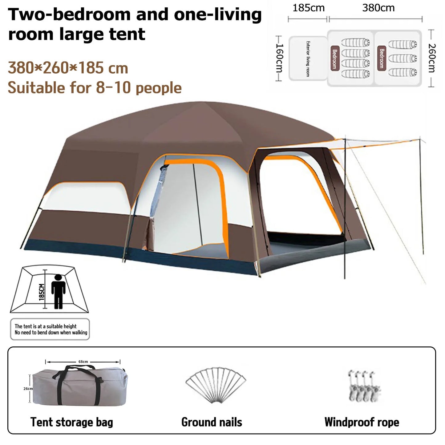 Beach Camp Outdoor Camping Family Tent, Thick Waterproof Family Camping Tour Equipment, Double Layer for 3-12 Persons, Oversized 2 Rooms