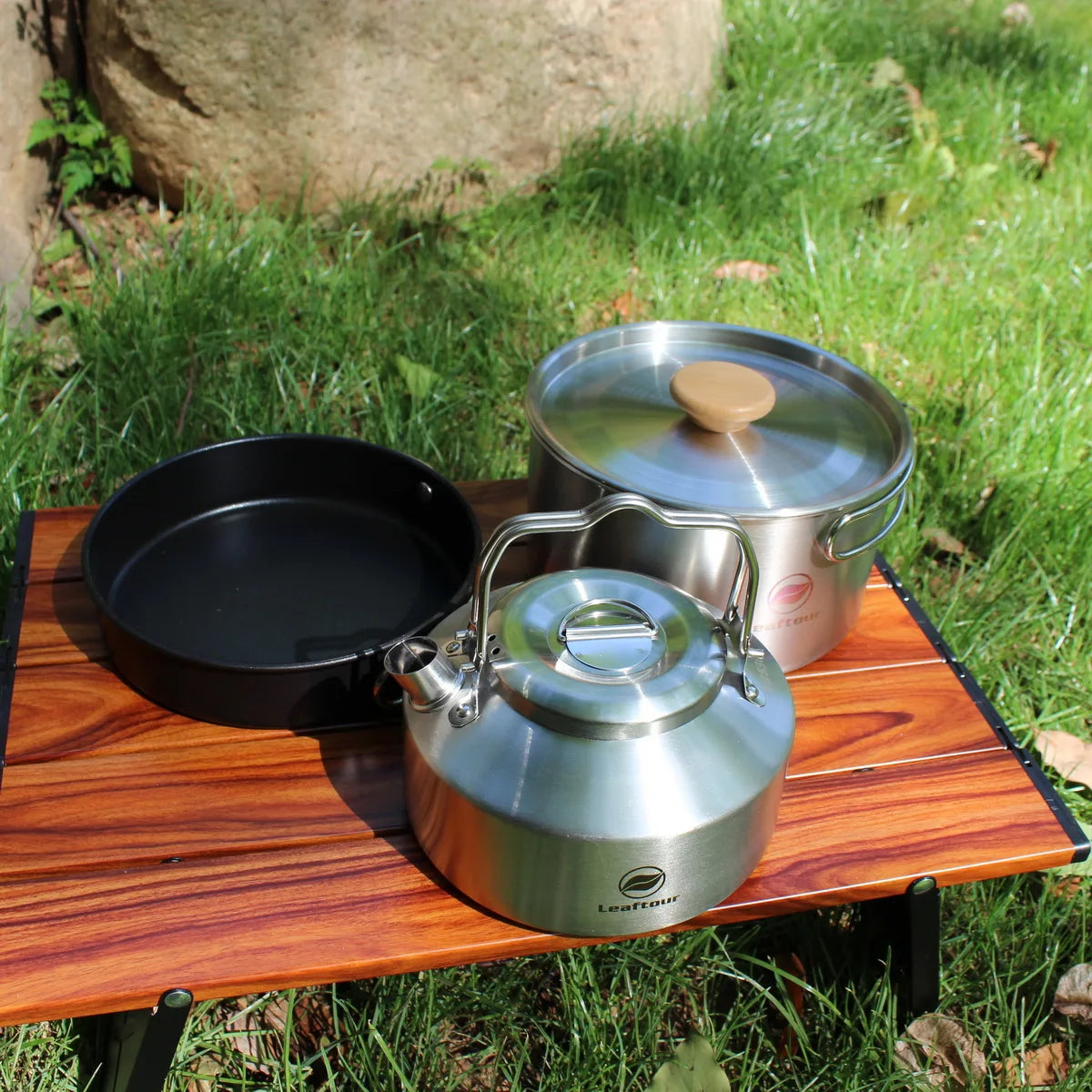 Leaftour Stainless Steel Camping Cookware Set Kettle Pot Pan - Outdoor Cooking Essentials for 2-3 People