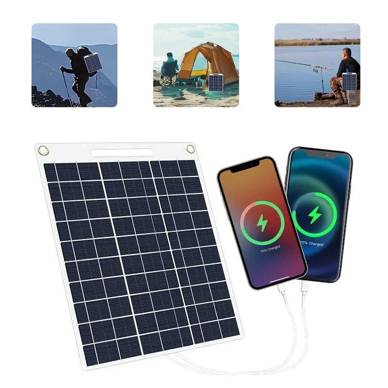 Beach Camp Portable solar power bank with two USB ports, suitable for outdoor camping, charging mobile phones or other electronic devices.