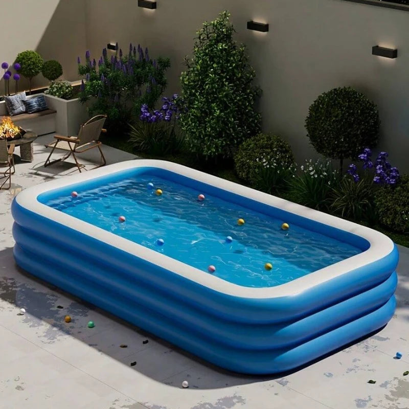 Beach Camp Three Ring Raised and Thickened Single Bottom Square Family Inflatable Swimming Pool Blue and White Large Home Swimming Pools