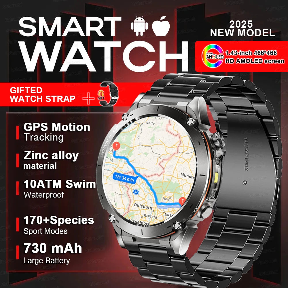 Beach Camp New GPS Smart Watch 1.43" Ultra HD Display Built-in GPS Compass 170 Sports Modes Voice Calling 10ATM Waterproof Smart Braceletes
