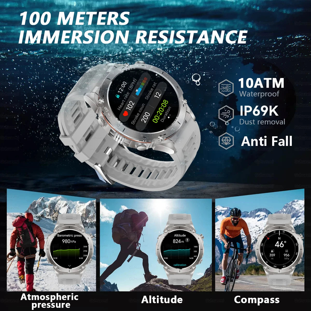 Beach Camp New GPS Smart Watch 1.43" Ultra HD Display Built-in GPS Compass 170 Sports Modes Voice Calling 10ATM Waterproof Smart Braceletes