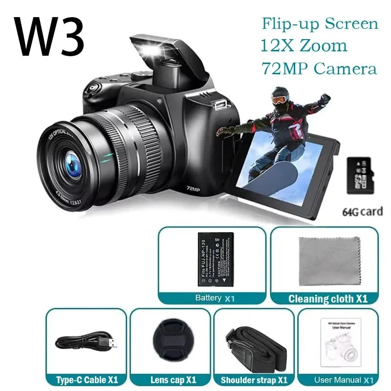 Beach Camp Digital Camera 4K 72MP 12X Optical Zoom UHD Professional photography Flash light Auto-Focus WIFI for INS Youtube Webcast