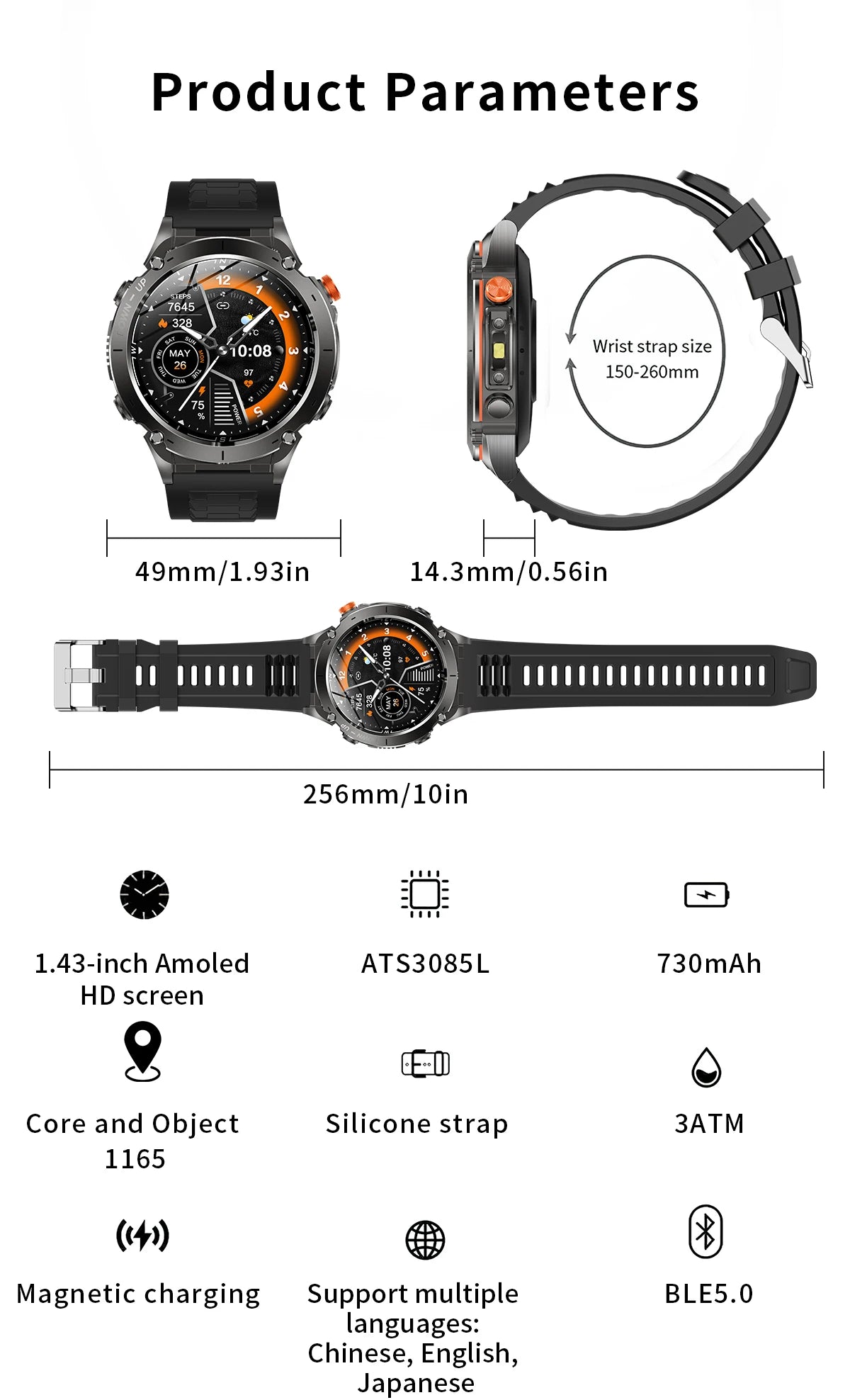 Beach Camp New GPS Smart Watch 1.43" Ultra HD Display Built-in GPS Compass 170 Sports Modes Voice Calling 10ATM Waterproof Smart Braceletes