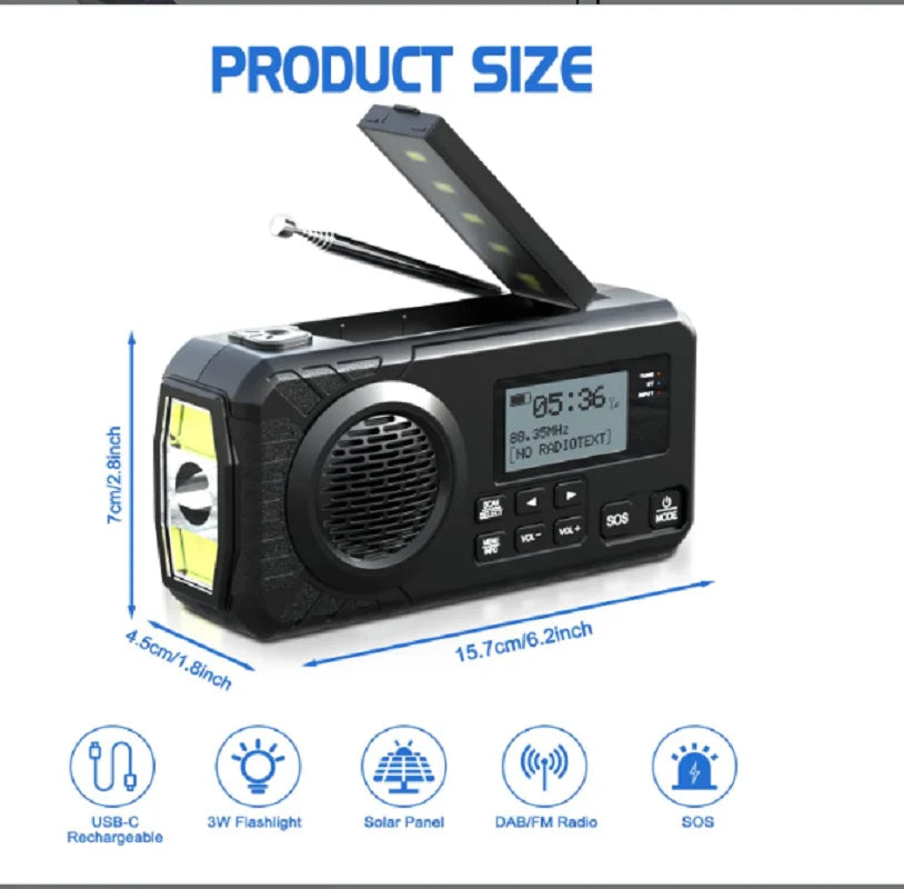 Beach Camp DAB+ Portable Hand Crank Radio Emergency Radio Solar Emergency Radio with BT FM SOS Alarm 5000 mAh Power Bank and reading lamp