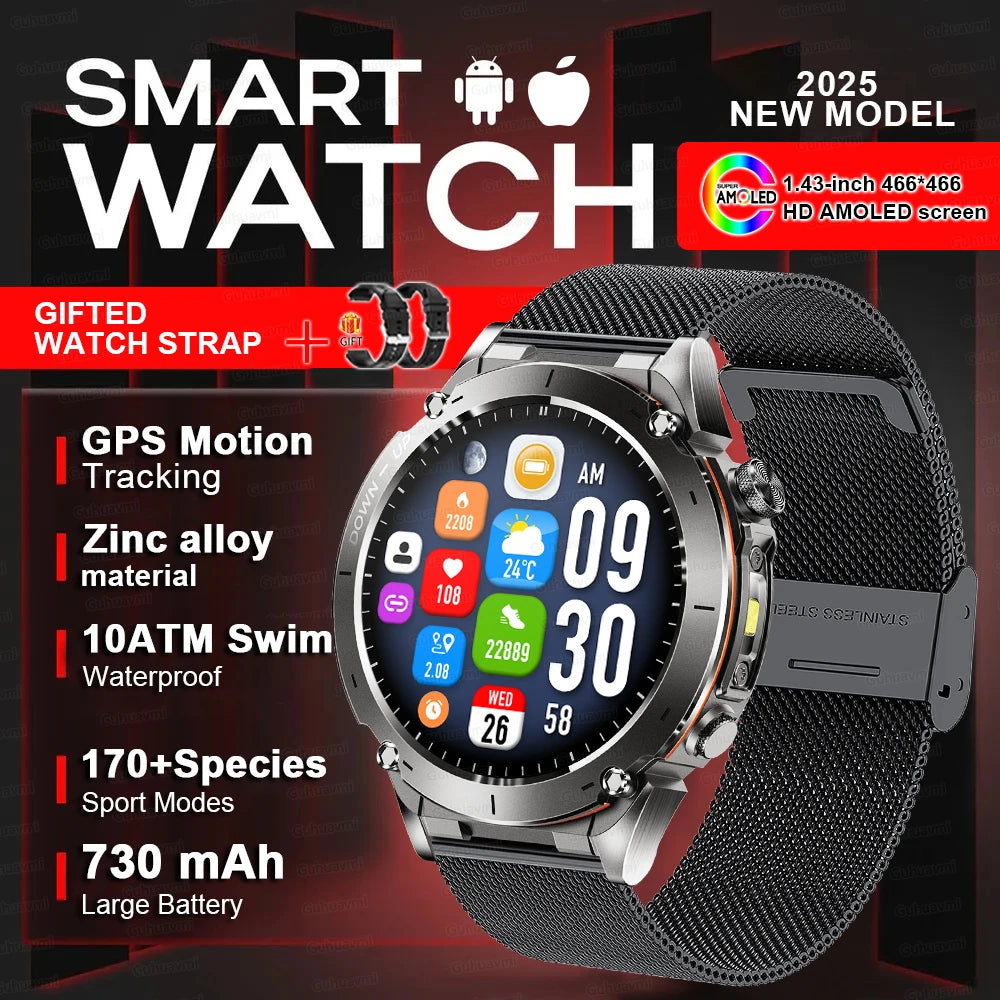 Beach Camp New GPS Smart Watch 1.43" Ultra HD Display Built-in GPS Compass 170 Sports Modes Voice Calling 10ATM Waterproof Smart Braceletes