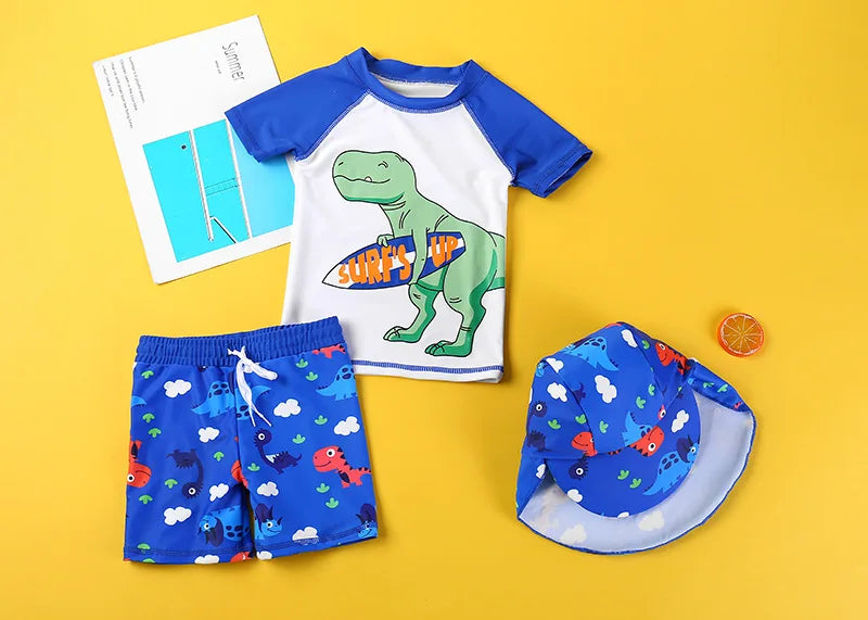 Beach Camp 2025 Summer Split Swimsuit Set Baby Boys Girls Long Sleeves/Short Sleeves Bathing Suit+Swim Shorts+Swimming Cap Three-piece Set