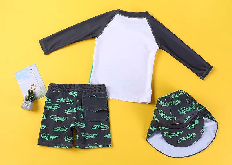 Beach Camp 2025 Summer Split Swimsuit Set Baby Boys Girls Long Sleeves/Short Sleeves Bathing Suit+Swim Shorts+Swimming Cap Three-piece Set