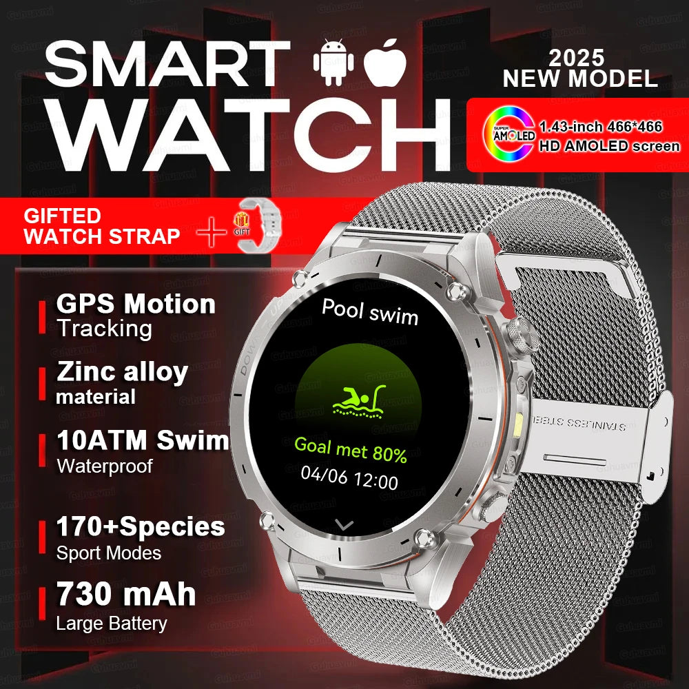 Beach Camp New GPS Smart Watch 1.43" Ultra HD Display Built-in GPS Compass 170 Sports Modes Voice Calling 10ATM Waterproof Smart Braceletes
