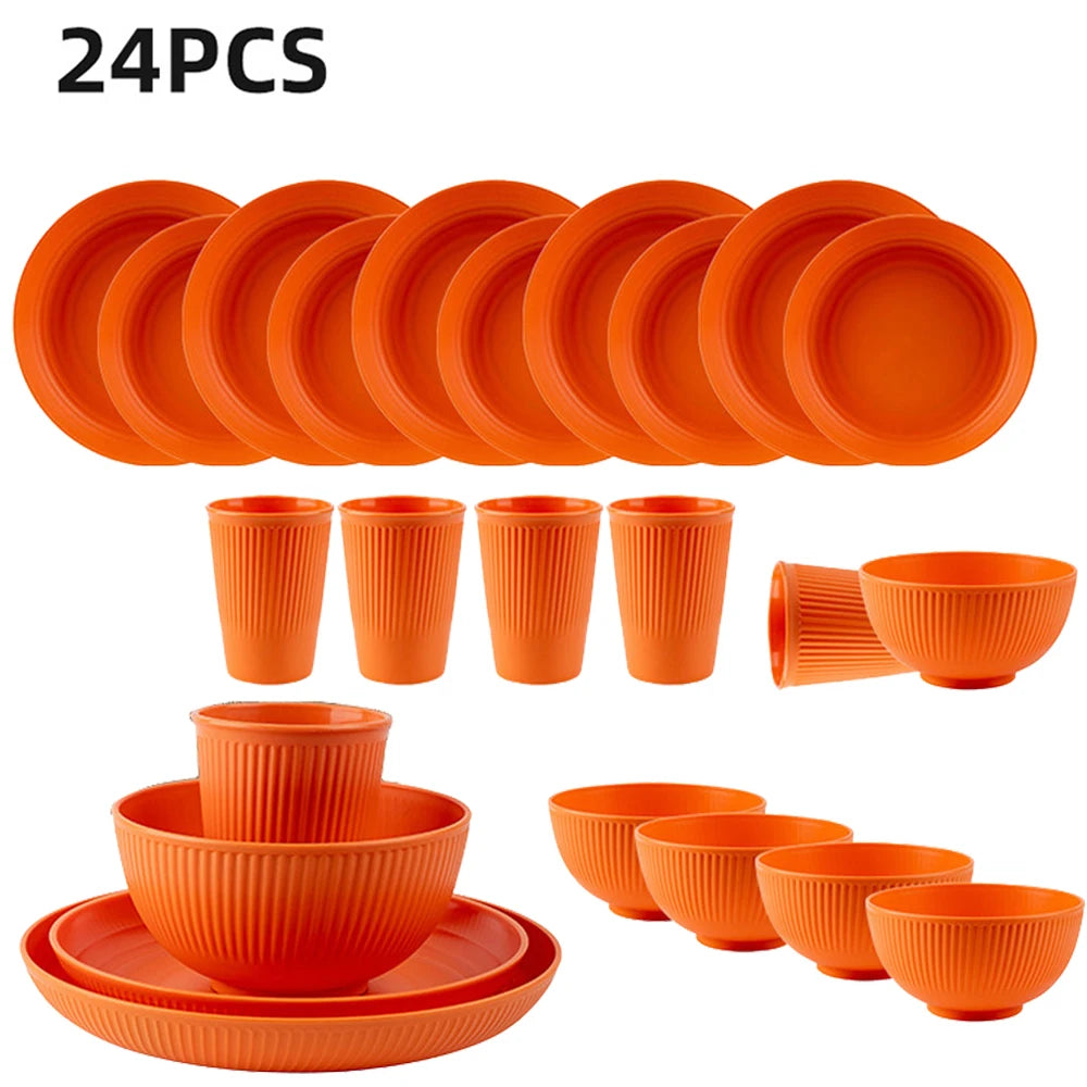 24Pcs Plastic Dining Plate Bowl Cup Tableware Set for 6 People Dinner Dessert Plate Set Outdoor Camping Party