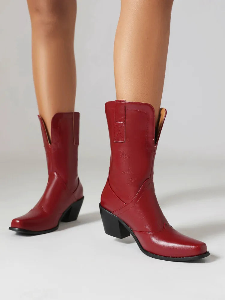 Botas De Mujer Western Cowboy Boots Retro Black Mid Calf Boots for Women Thick High Heels Goth Shoes Big Size 34-48 777-11