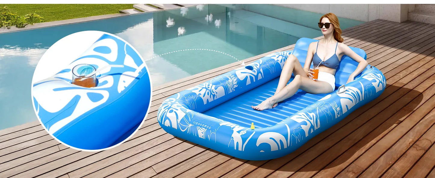 Beach Camp Inflatable Tanning Pool Lounger Float with Sprinkler, 77" x 48" Pool Floats Adult with Pillow, 6 in 1 Suntan Tub Raft Floatie