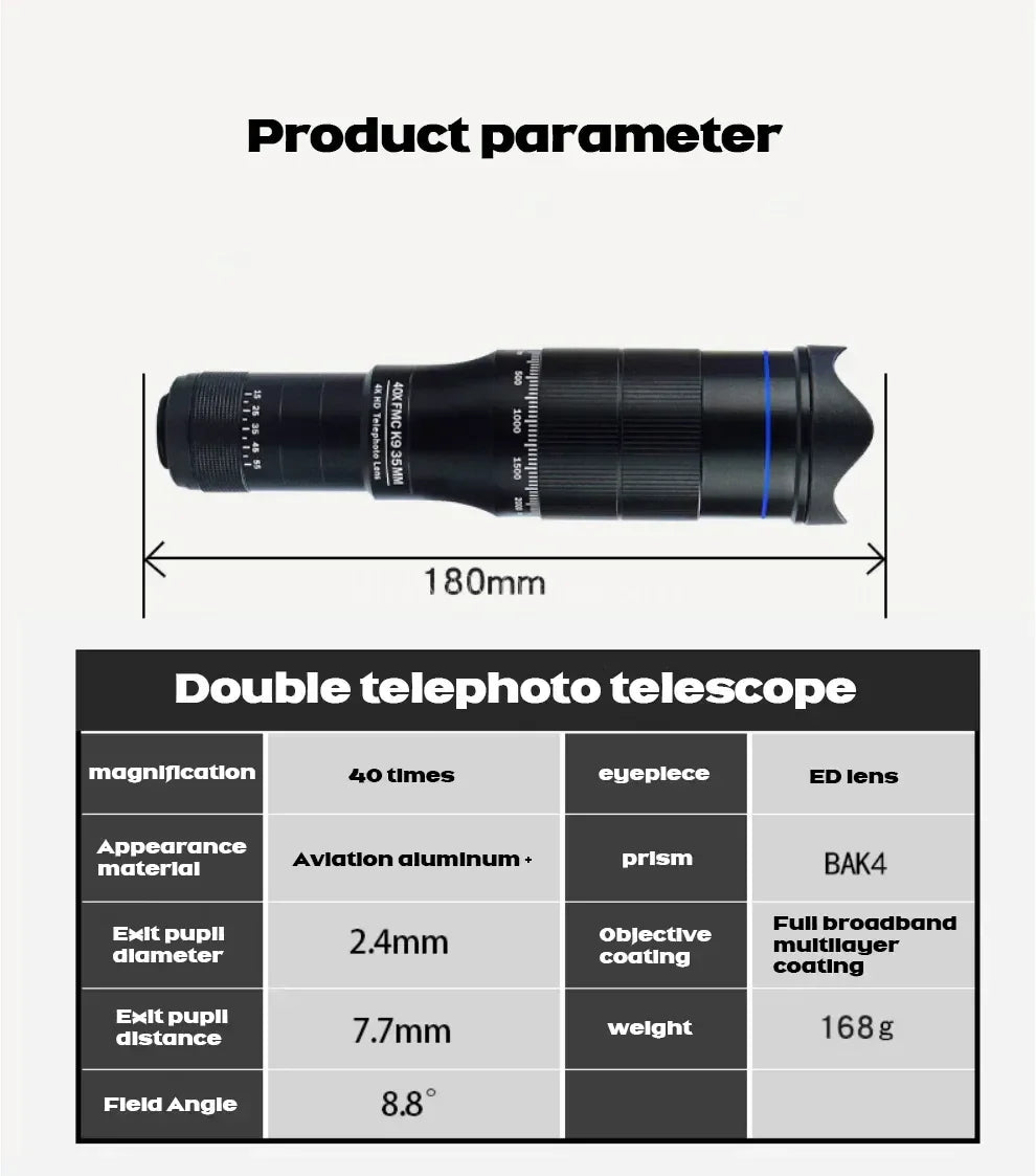 Beach Camp Professional Telescope Monocular HD 40X Zoom Phone Lens Camera Telephoto With Tripod Metal Telescope For Tourism Camping