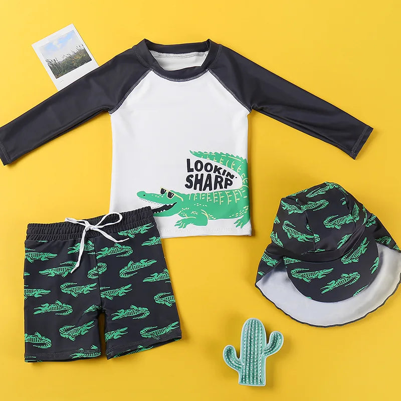 Beach Camp 2025 Summer Split Swimsuit Set Baby Boys Girls Long Sleeves/Short Sleeves Bathing Suit+Swim Shorts+Swimming Cap Three-piece Set
