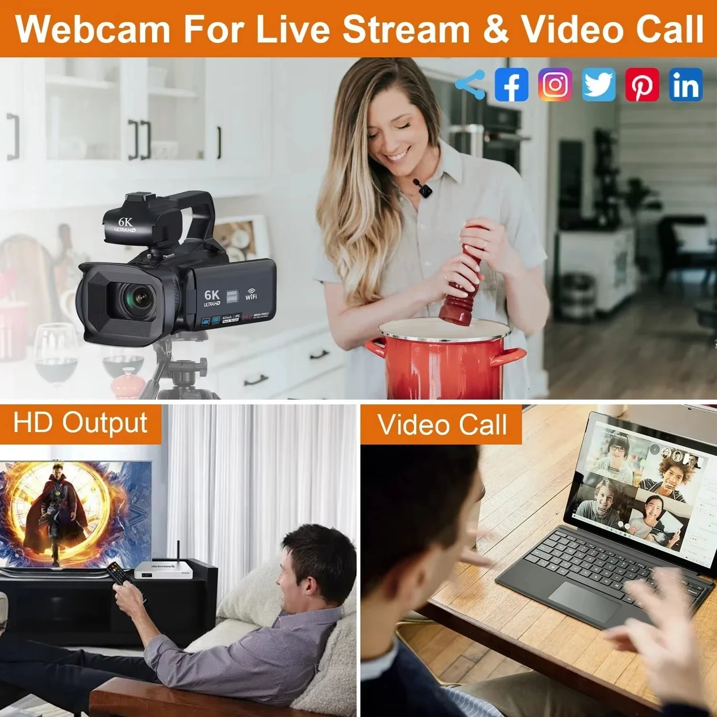 Beach Camp 6K 60FPS Professional Camcorder for Photography 64MP WiFi Livestream Webcam Video Cameras 18X Digital Zoom YouTube Vlog Recorder