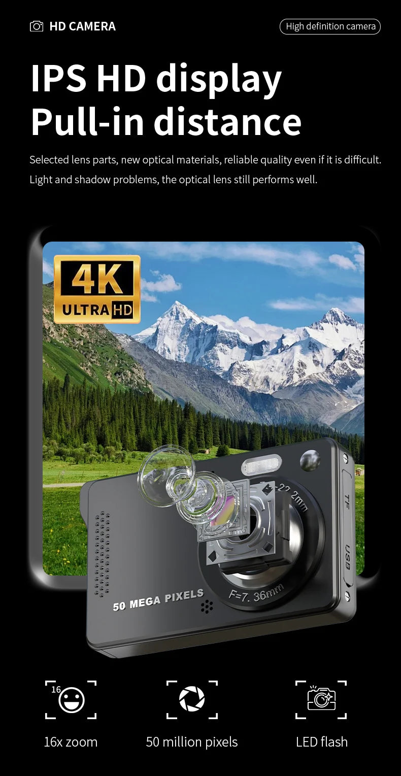 Beach Camp 4K Digital Cameras 50 MP Portable Vlogging Camera 16X Zoom Camcorder Camera 2.8 Inch LCD Screen for Photography and Video