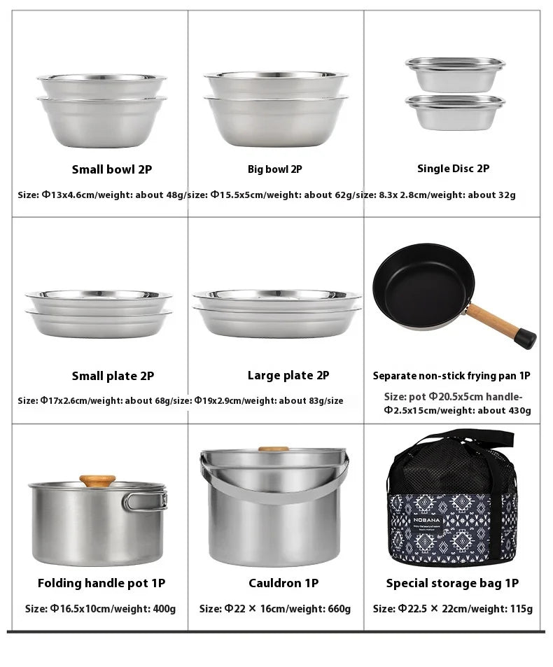 NOBANA&CLS Newset Outdoor Camping Stainless Steel 14P 22PCS Triple Stencorpel Set Camping Dinware Bowl Pot Set Household Pot
